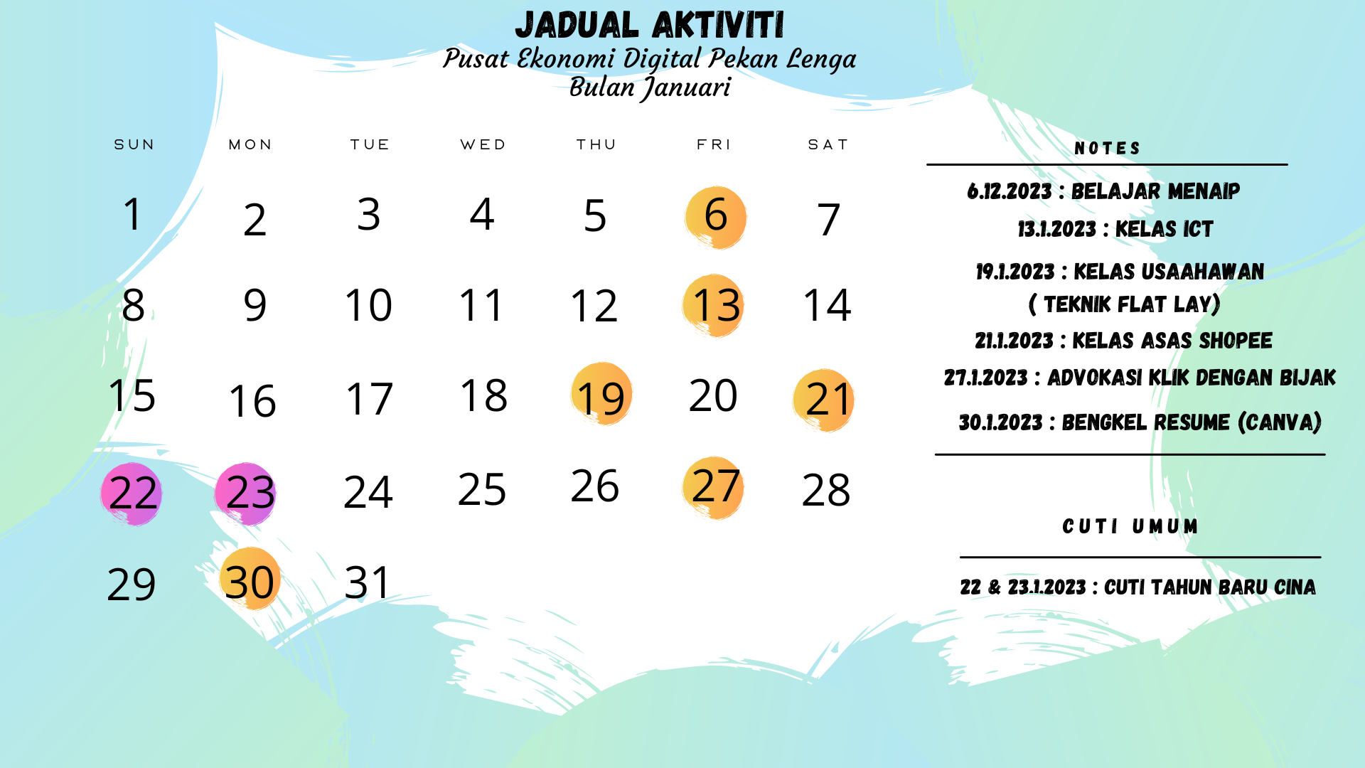 Jadual Aktiviti Bulan Januari 2023